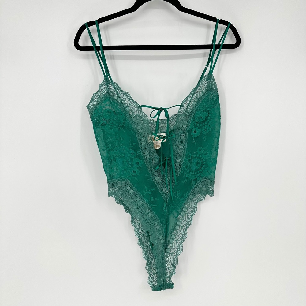 VTG Victoria's Secret Emerald Green Lace Bodysuit Sexy Lingerie Gold Label S 80s